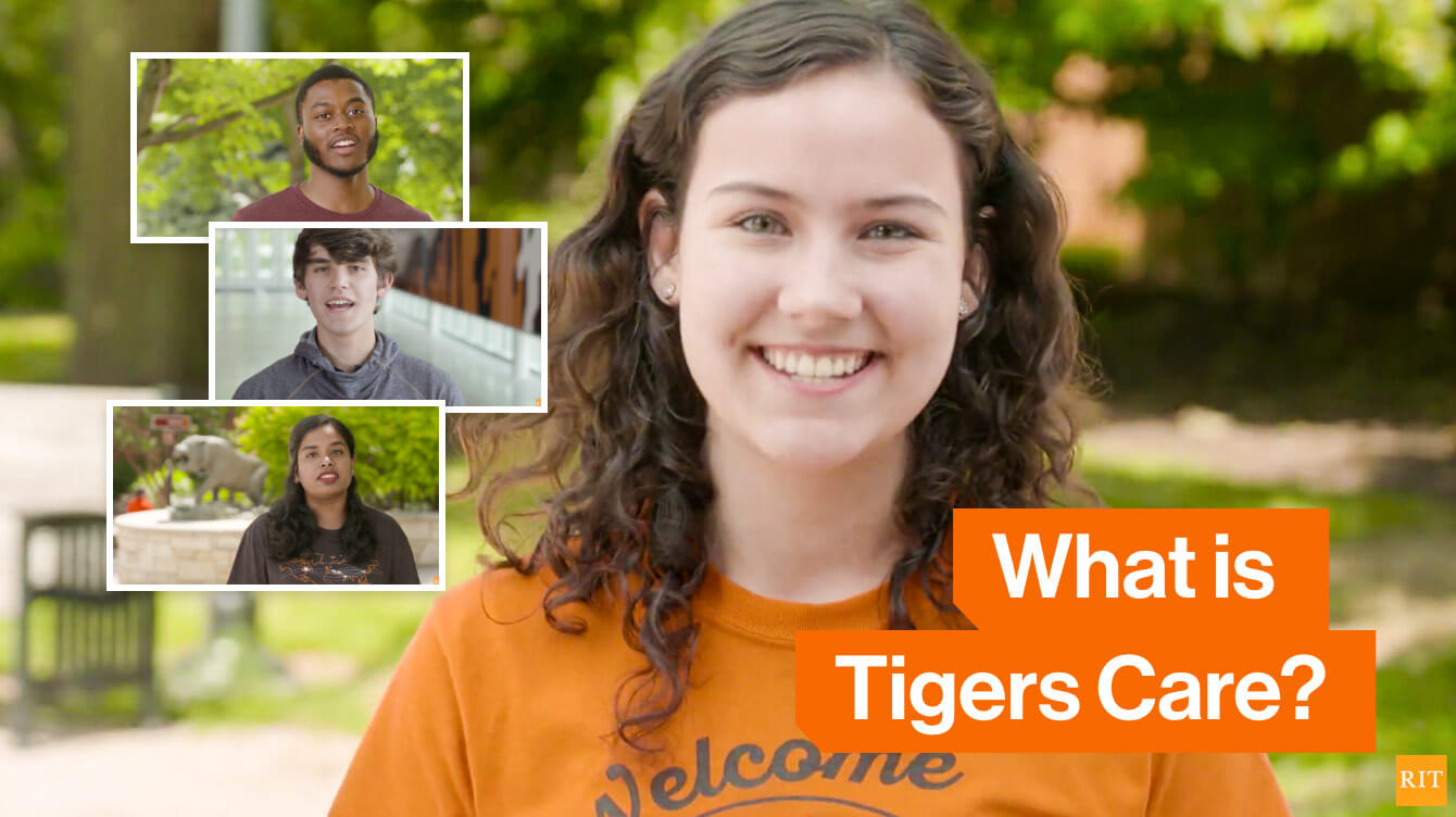 A female RIT student wearing a Tigers Care shirt with a text banner that reads: What is Tigers Care?