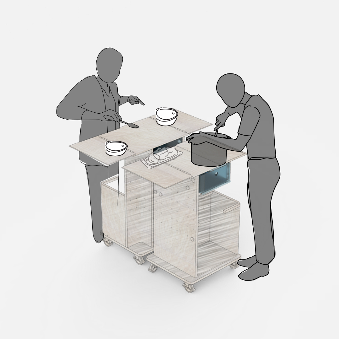 a digital rendering of two human forms standing on either side of a counter unit.
