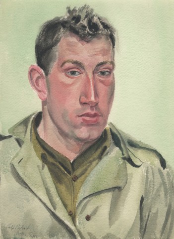 Artist self-portrait rendered watercolor on paper of young man in a WWII uniform