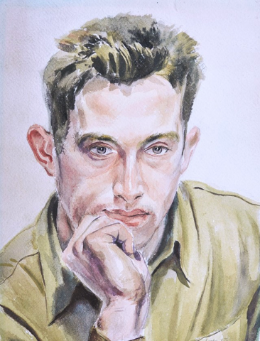 Artist self-portrait rendered watercolor on paper of young man in a WWII uniform