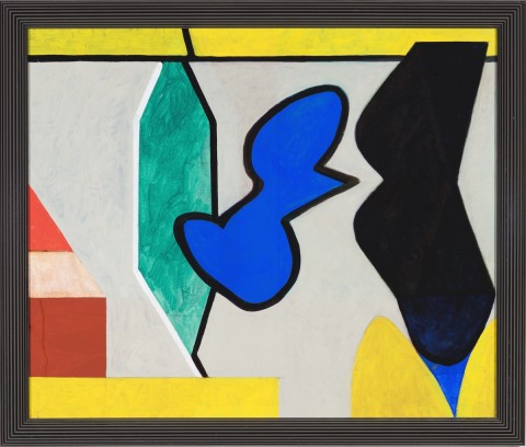 Painting of bold biomorphic forms - a green elongated, a blue bubble, a black figure eight with yellow stripes on top and bottom