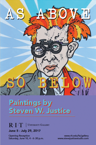 Exhibition graphic with text 'As Above, So Below, Paintings by Steven Justice with Colorful and cartoonish portrait of Aldous Huxley wearing glasses shaped like a bicycle. A bright halo of alternating bands of color behind his head.