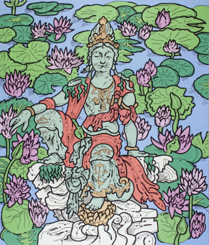 Colorful and cartoonish image of the Bodhisattva seated surrounded by lotus flowers and leaves. All in blue and green hues.