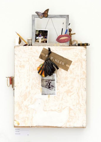 Wall hung assemblage with a ack and white polaroid photo of a man in a boat waving. Odd objects surround the photo - rubber bands, an empty frame, pencil, jack knife