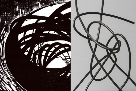 A split screen on printmaking and sculpture work.