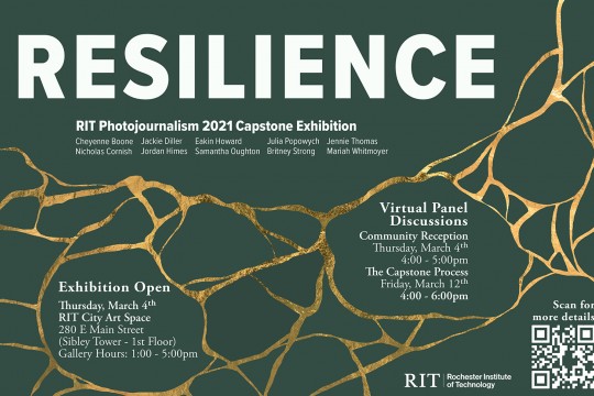 A graphic with the title RESILIENCE and names of exhibiting artists.