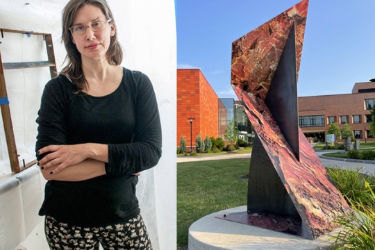 A side-by-side photo of Letha Wilson and an outdoor sculpture on the RIT campus.