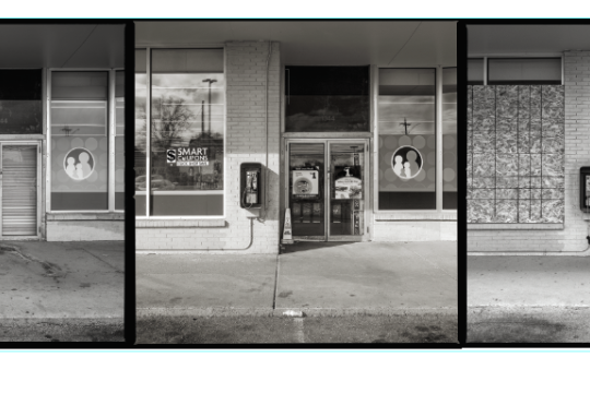 A triptych of payphones and their surrounding environment.