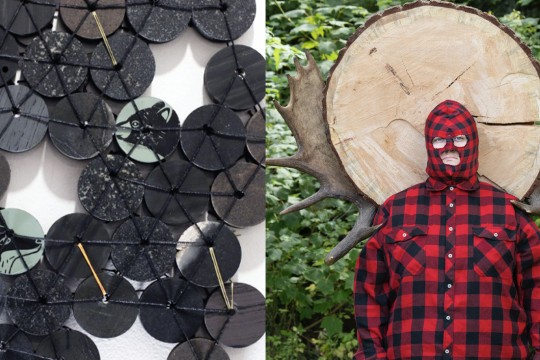 Side by side of a person in a checkered, flannel patterned shirt and black circles.