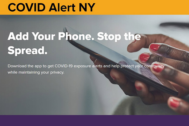 graphic with hands holding a smartphone and the words: COVID Alert NY: Add your phone. stop the spread.