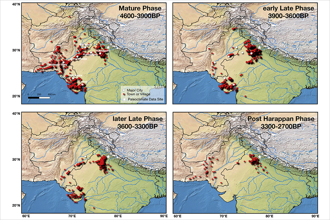 four maps of the northwestern regions of South Asia showing the settlements of an ancient civilization disappearing.
