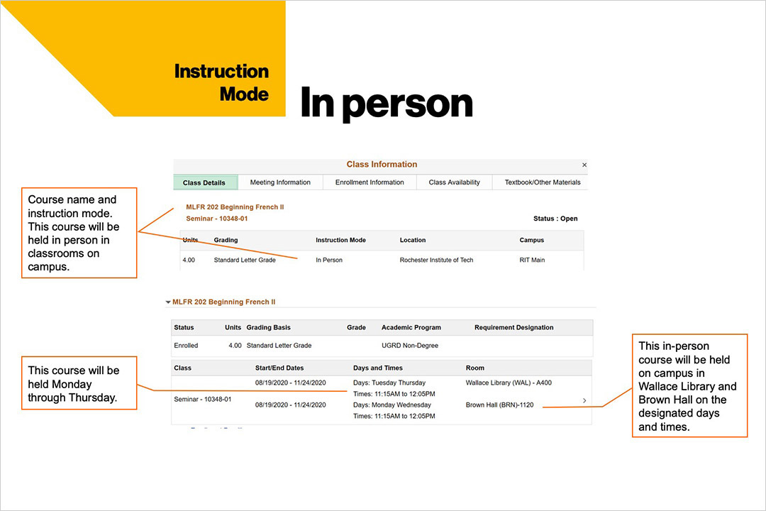 sample course schedule that shows in-person instruction mode at RIT.