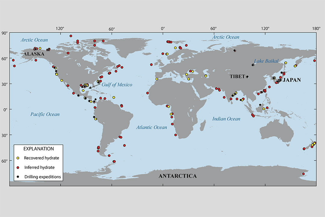 world map showing where gas hydrates have been discovered.