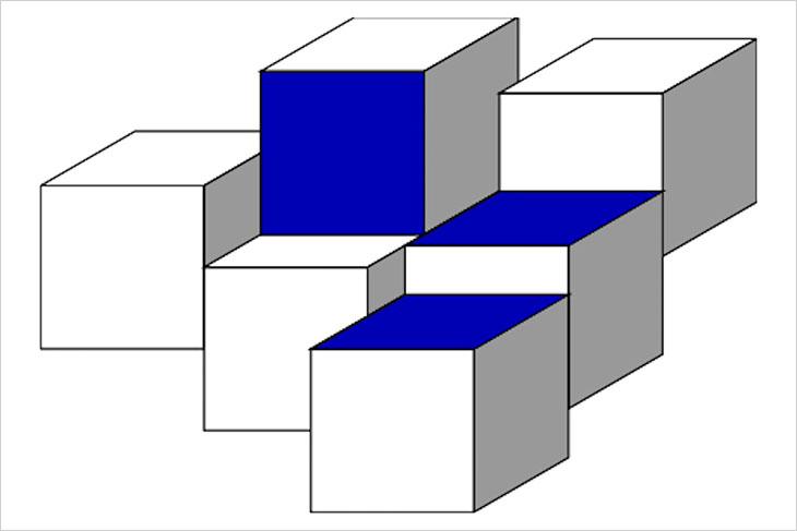 illustration of six cubes all touching at least two sides to another cube.