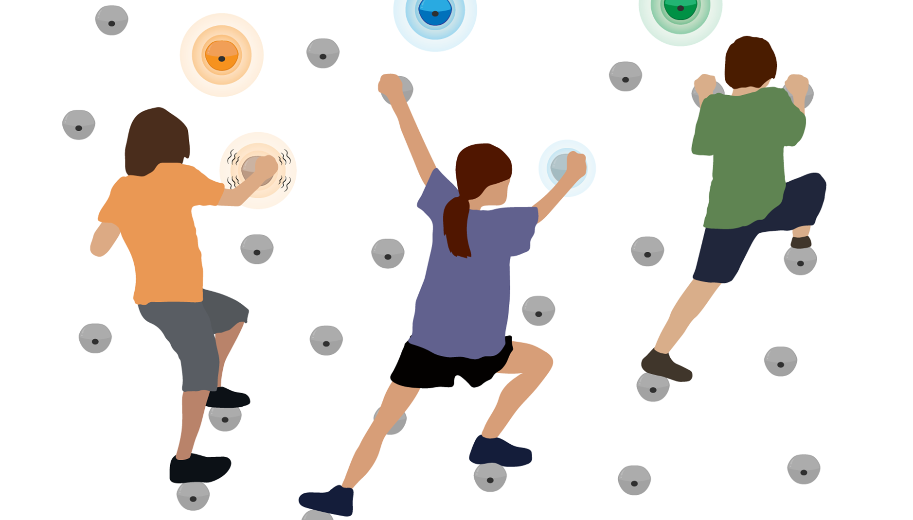 Three people climbing a rock wall.