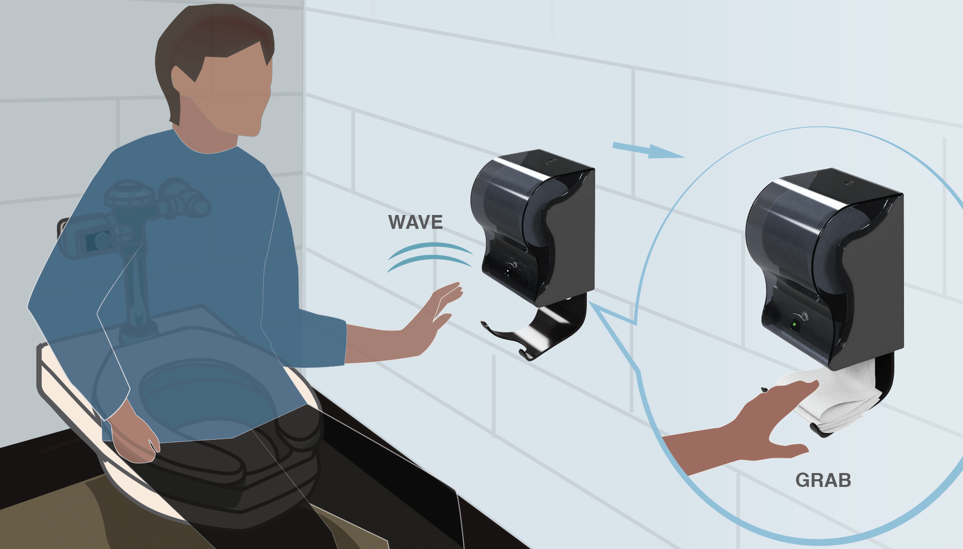 Man sitting on toilet with motion sensor paper dispenser.