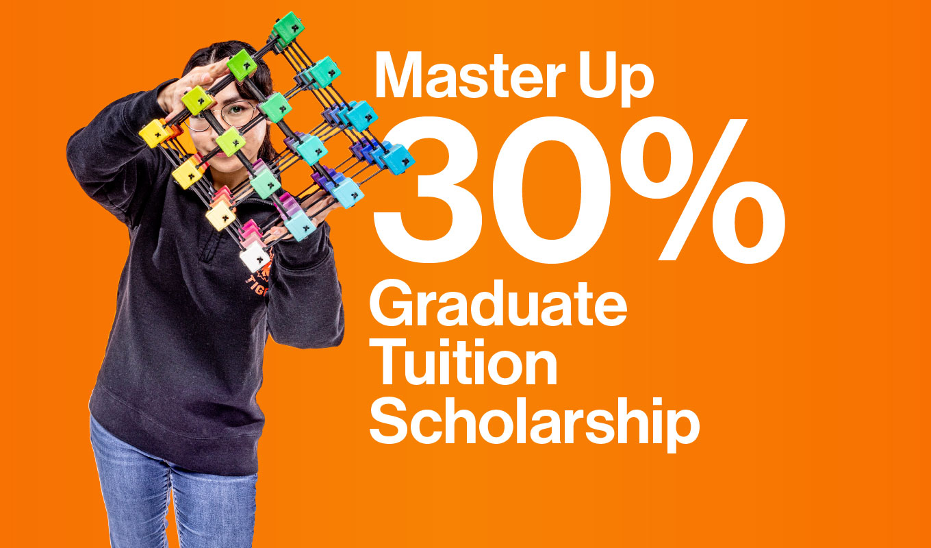 "Master Up 30% Graduate Tuition Scholarship" on an orange background with a student holding a colorful cube