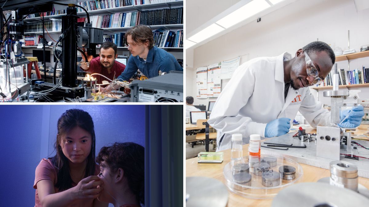 a collage of students working on projects