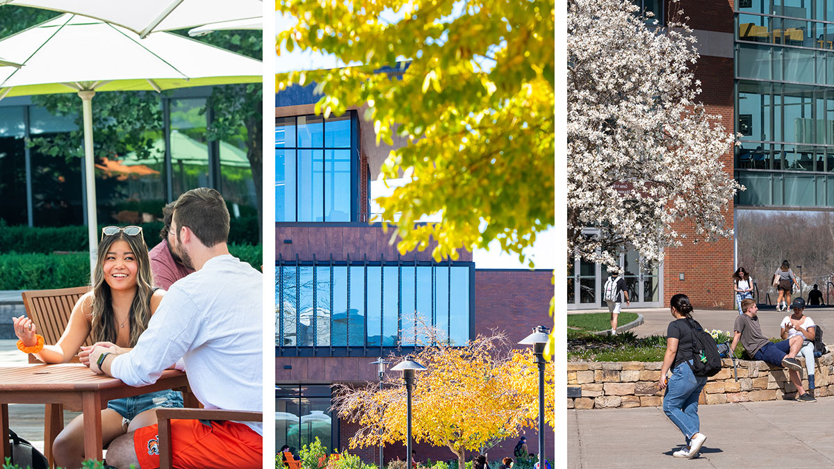 a collage of spring images with students on campus