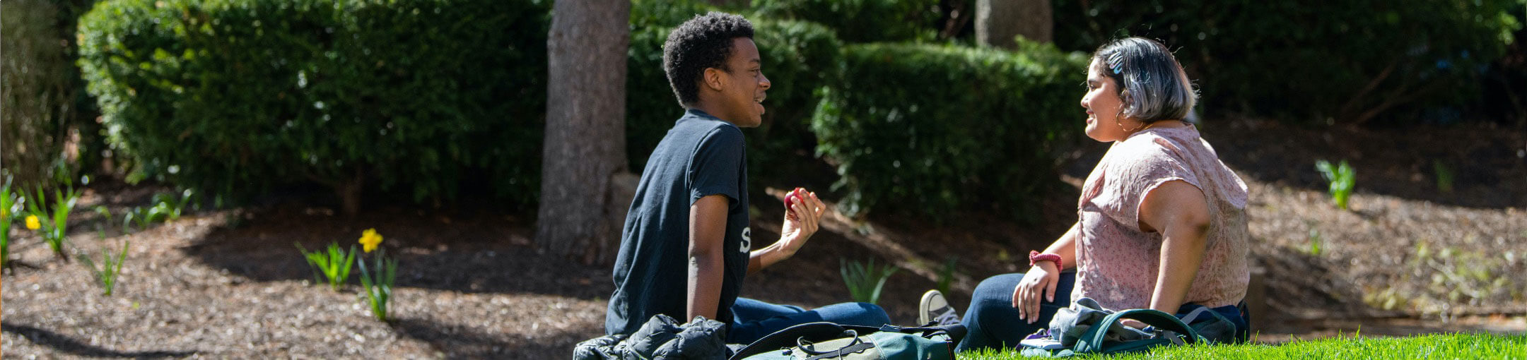 Two students sitting on the grass under a tree.