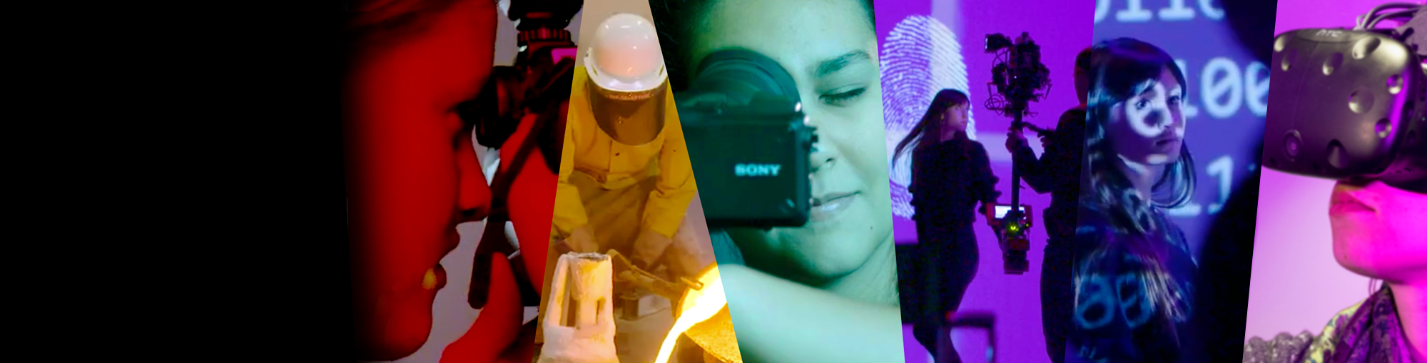 Collage of RIT students with colorful filters. There are three students using cameras, a student pouring molten metal, a student cast in a projection of binary code, and a student wearing a VR headset.