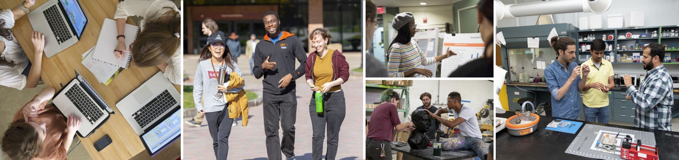 A collage of images of students on the RIT campus interacting with each other in class and out of class.