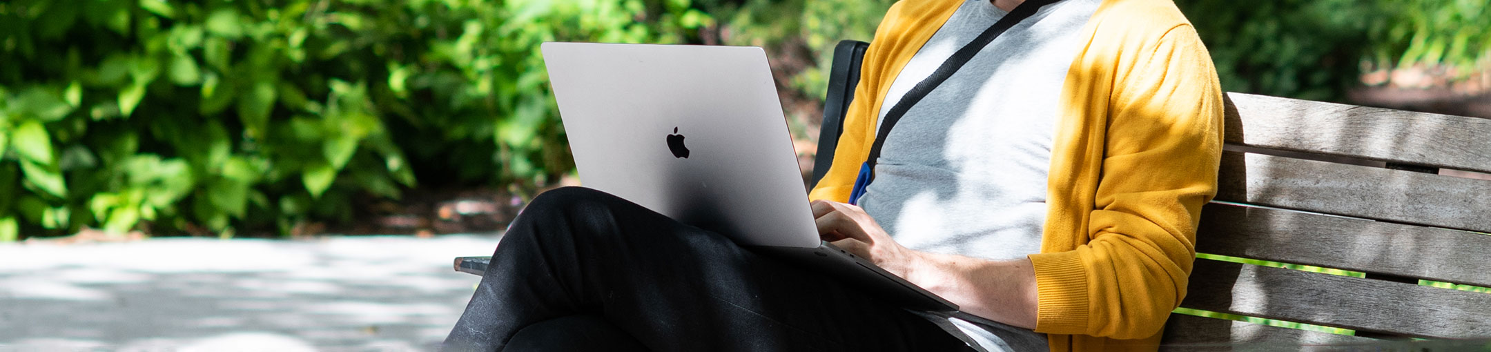 a person sits on a bench in a park and works on their laptop
