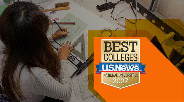 a photo of a student at a desk with an orange arrow highlighting a badge