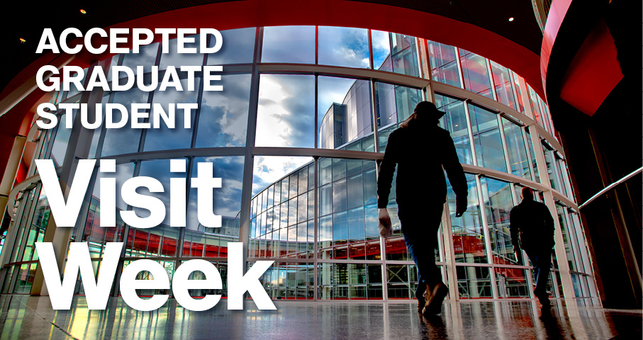 a person walks in front of a window with text overlay "Accepted Graduate Student Visit Week"