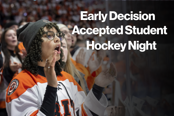 Student at hockey game with text "Early Decision Accepted Student Hockey Night"