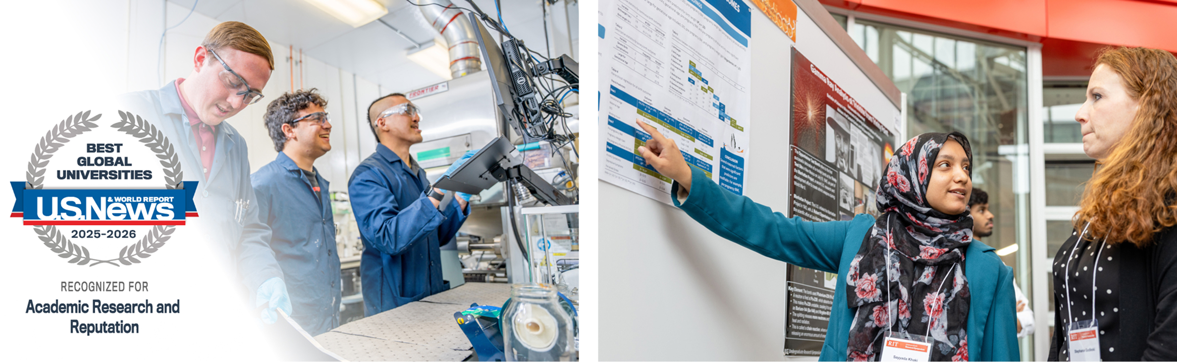 Collage of two photos: one showing students at a research fair and one showing student doing research in a lab with blue lab coats. One on is a badge to showcase that R I T was named one of the best global universities in research from U.S. News & World Report
