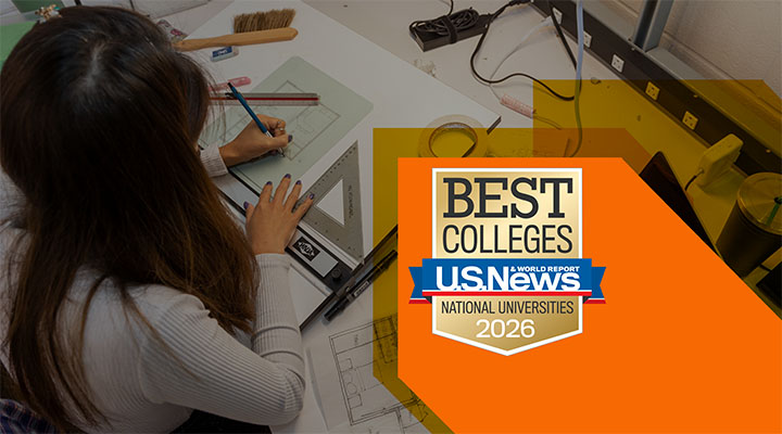 a photo of a student at a desk with an orange arrow highlighting a badge