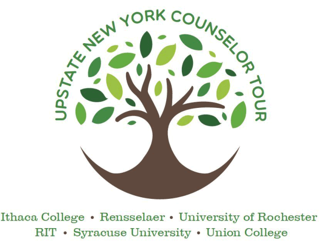 tree icon with "Upstate New York Counselor Tour" and "Ithaca College, Rensselaer, University of Rochester, RIT, Syracuse University, Union College"