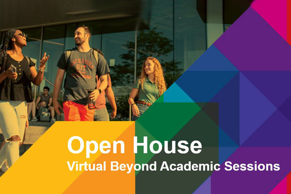 a colorful graphic with students walking and "Open House Virtual Beyond Academic Sessions"