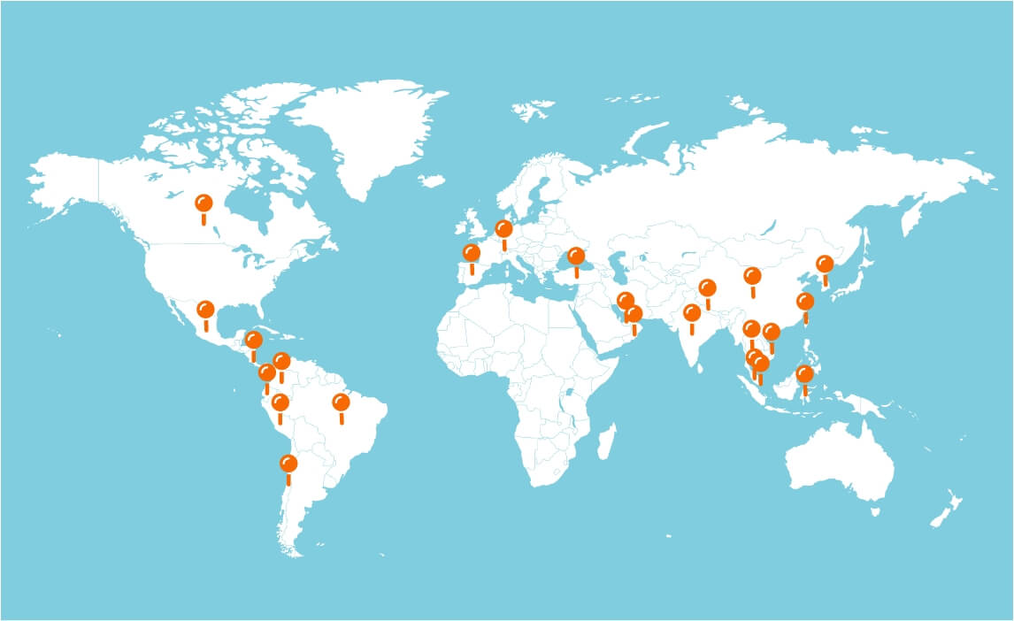 A map of Earth with pins in various major cities.