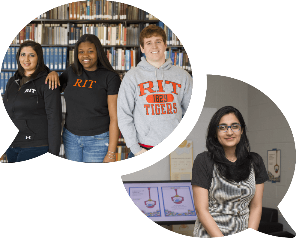 A collage of two images, showing four R I T students in R I T apparel smiling into the camera.