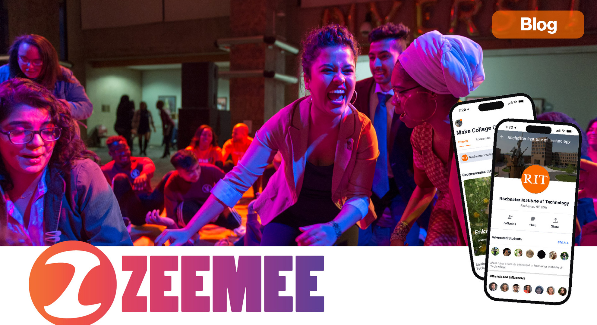 students dancing with ZeeMee log on top with phone screen showing R I T on ZeeMee