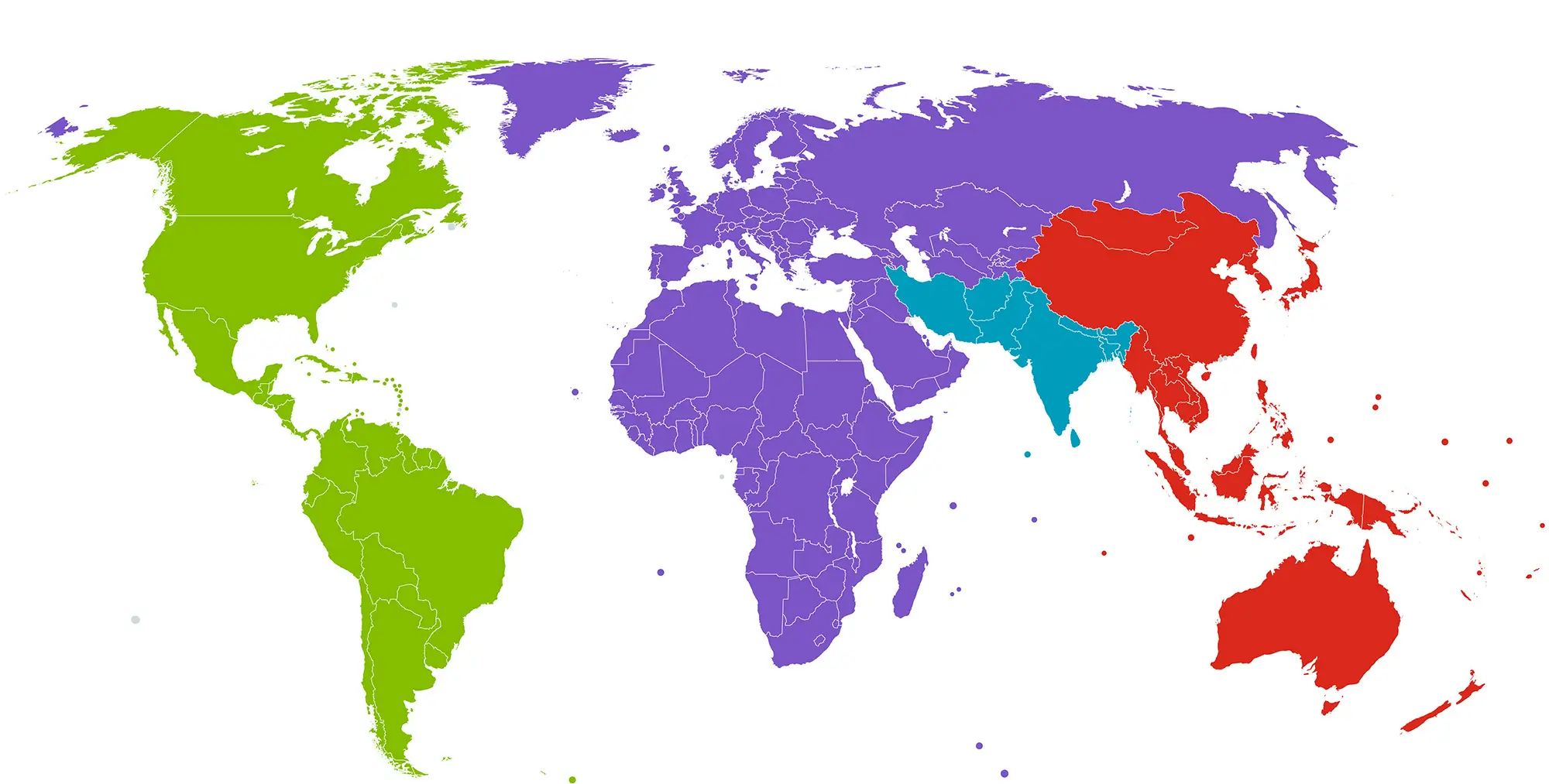 Map of Earth showing different regions in different colors.