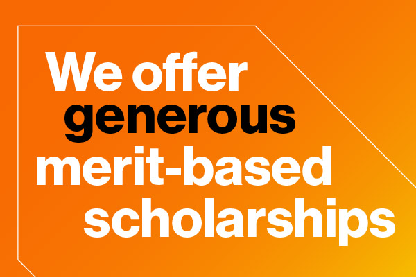 "We offer merit-based scholarships" on an orange background