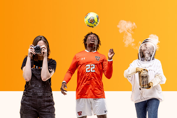 three students showing their interests through photography, soccer, and beekeeping