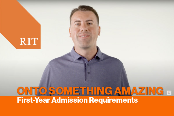 Man in purple shirt on a white background with the text "Onto Something Amazing First-year Admission Requirements"