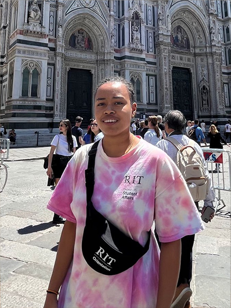 Photo of student in pink tie dye shirt