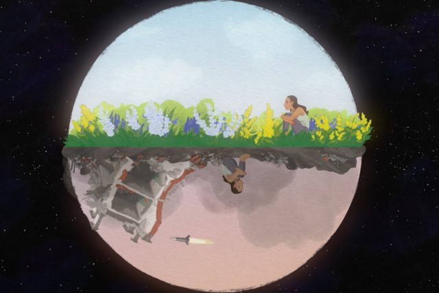 A screen capture of one of the frames from the Haiku music video. The focus of the illustration is a circle of color showing two opposing scenes. On the top half of the circle, a woman sits holding her knees to her chest in a brightly colored flower field. On the bottom half of the circle, a woman sits amidst the rubble and remains of a destroyed building and there is a bomb flying above her head. The circle is on a backdrop that looks like the dark night sky, with some stars visible.