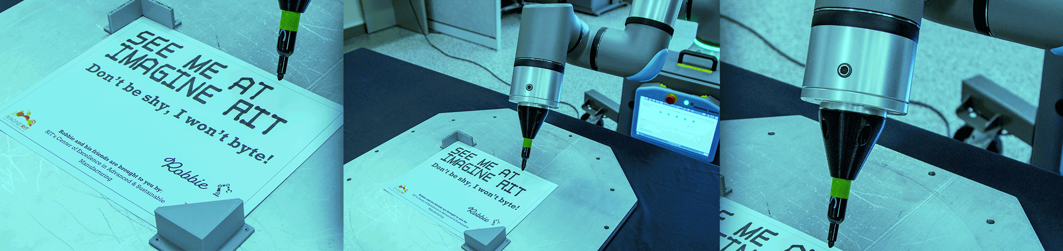 Different close up views of Robbie the Robot writing See Me at Imagine RIT