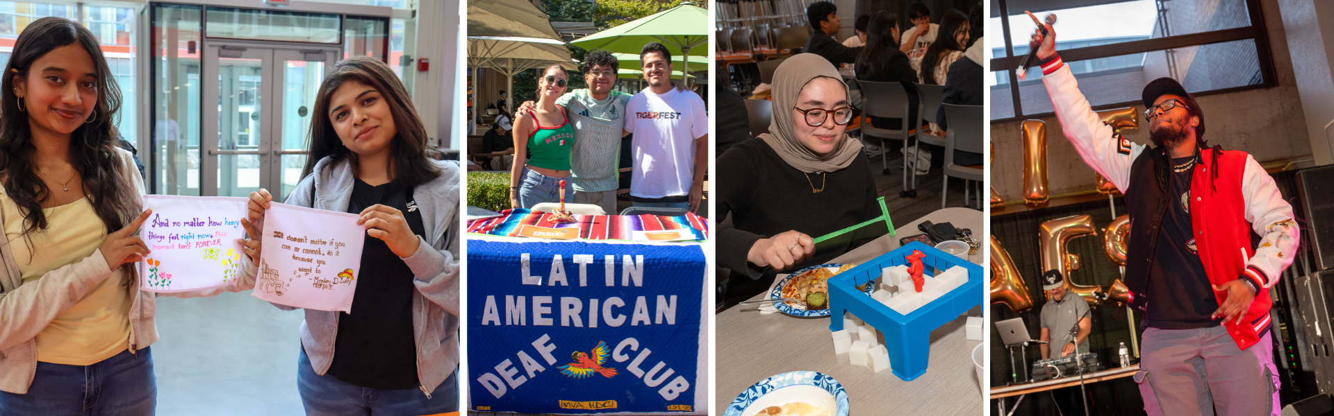 Collage of photos showing students holding inspiration banners, at a table, and playing games