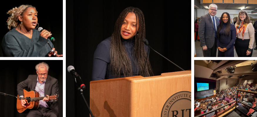 Collage of photos of people performing or speaking