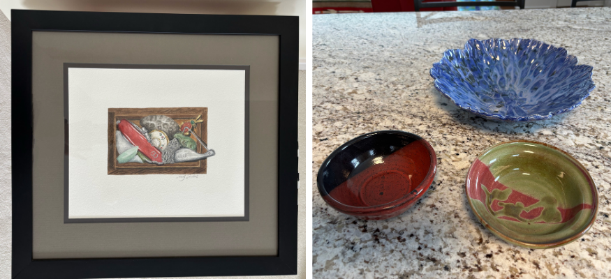Two photos. One of a watercolor painting and one of thre ceramic bowls