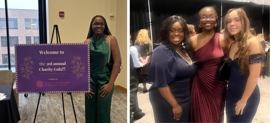 Two photos of women in gowns at a gala