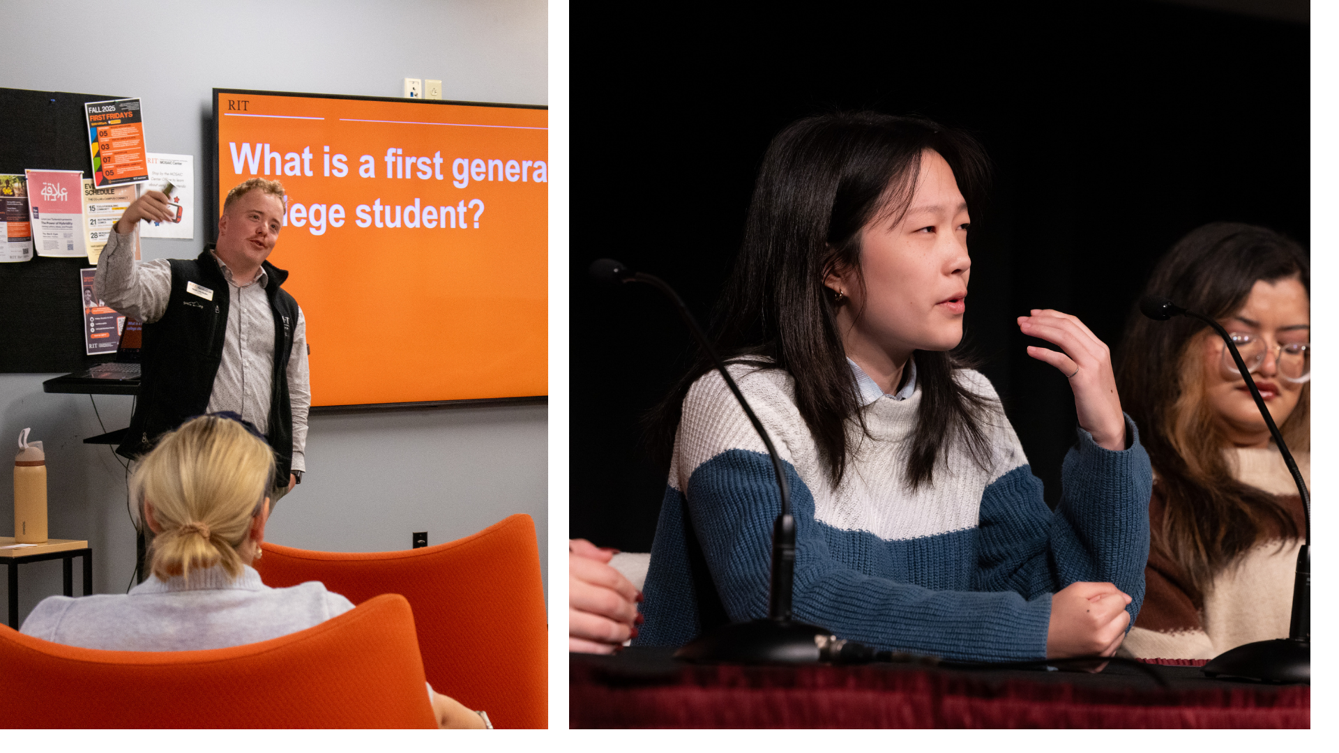 Two photos of people talking