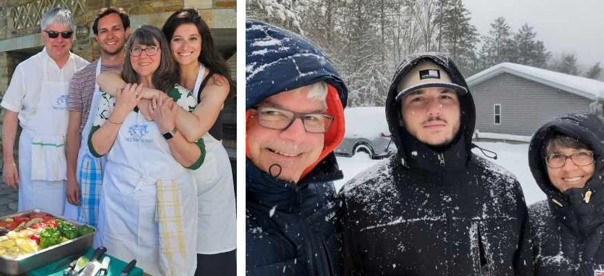 Two photos of parents with their adult children 